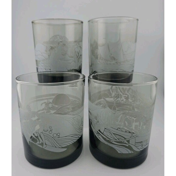 McDonald's Hawaii High Ball Glasses Smokey Frosted Vintage Libbey Set Of 4 - Picture 1 of 9